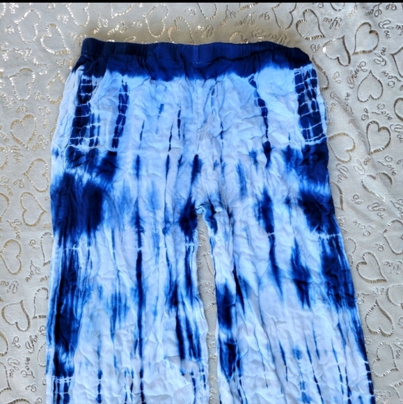 Blue Tie Dye Beach Pants Wide Leg Flowy Palazzo Beach Cover Up Shibori Indigo S - Picture 3 of 6